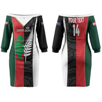 Custom Rugby New Zealand and Lebanon Couples Matching Off The Shoulder Long Sleeve Dress and Long Sleeve Button Shirt All Black Cedars Together LT14 - Polynesian Pride