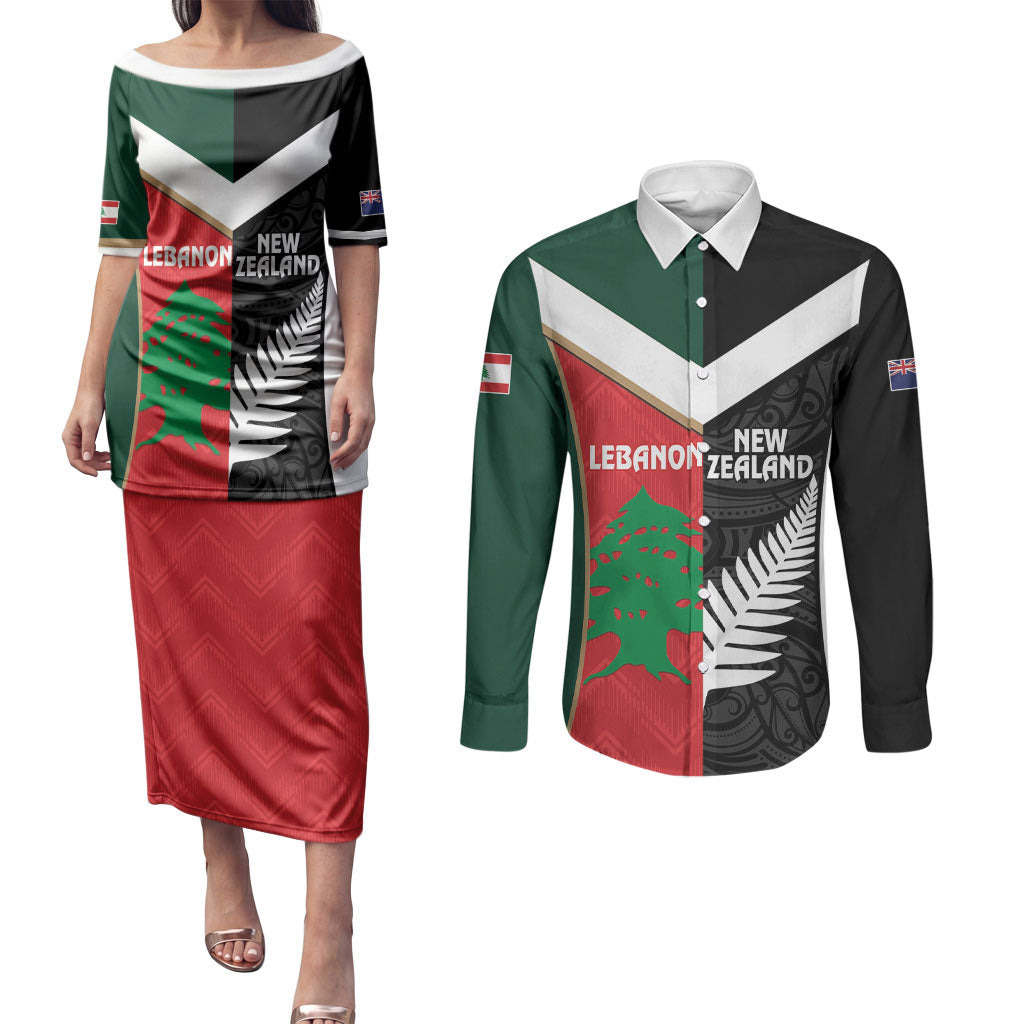 Custom Rugby New Zealand and Lebanon Couples Matching Puletasi and Long Sleeve Button Shirt All Black Cedars Together LT14 Multicolor - Polynesian Pride