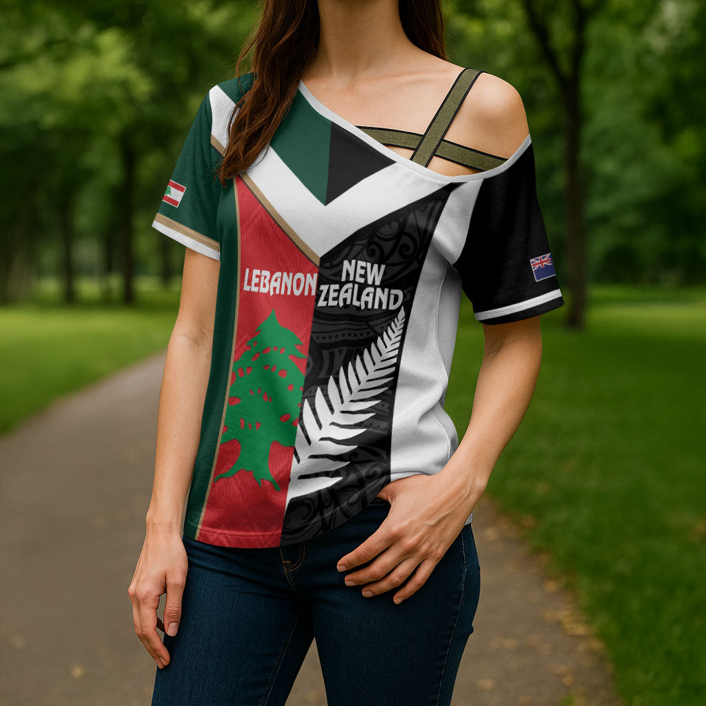 Custom Rugby New Zealand and Lebanon Cross Shoulder Shirt All Black Cedars Together LT14 - Polynesian Pride