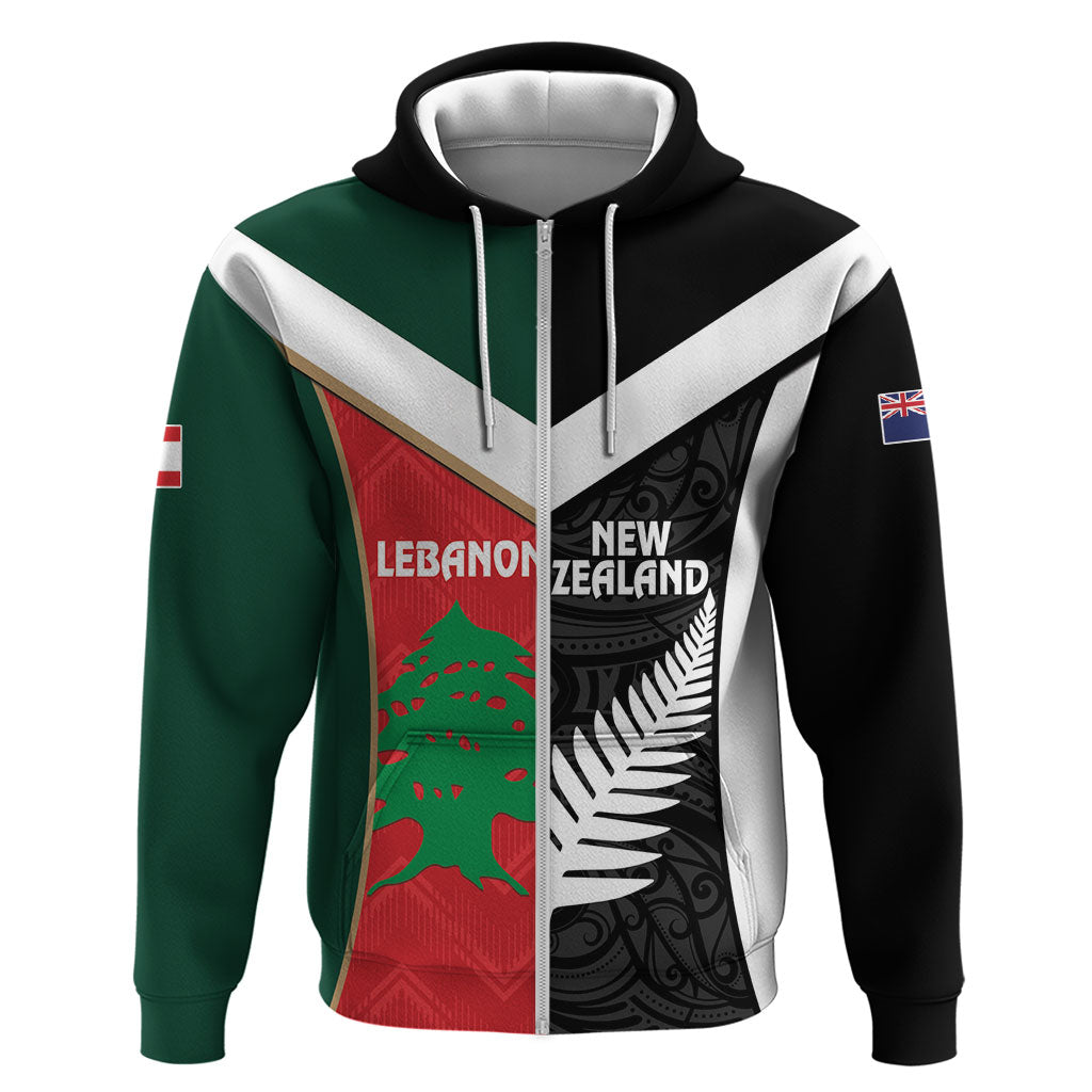 Custom Rugby New Zealand and Lebanon Hoodie All Black Cedars Together LT14 Zip Hoodie Multicolor - Polynesian Pride