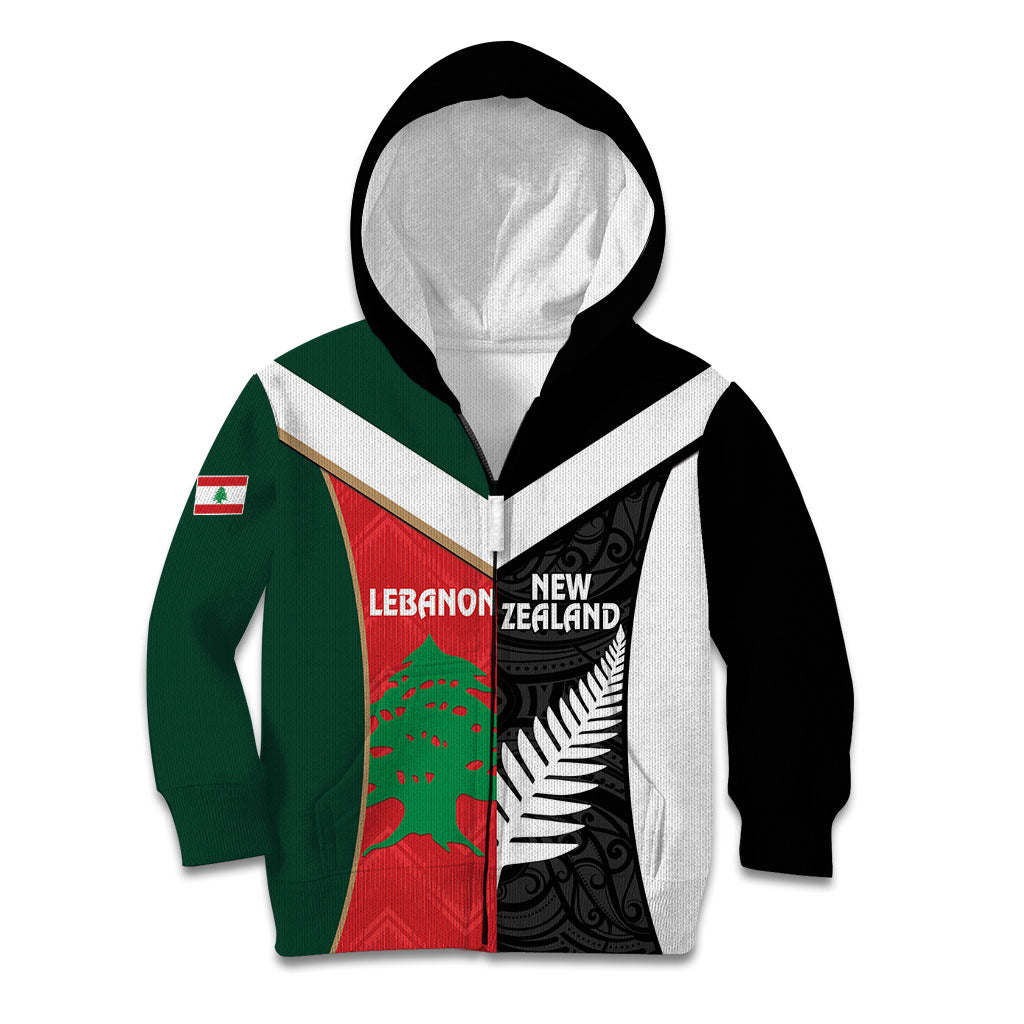 Custom Rugby New Zealand and Lebanon Kid Hoodie All Black Cedars Together LT14 Zip Hoodie Multicolor - Polynesian Pride