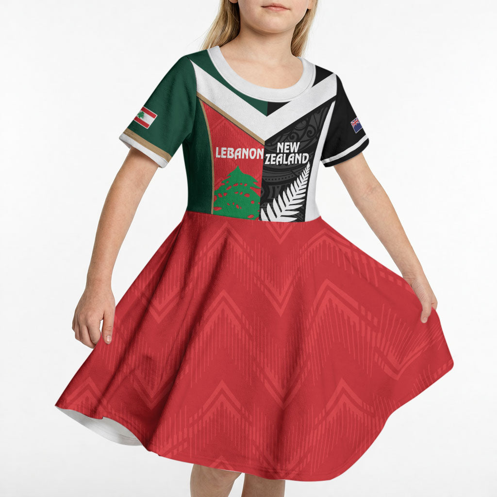 Custom Rugby New Zealand and Lebanon Kid Short Sleeve Dress All Black Cedars Together LT14 - Polynesian Pride