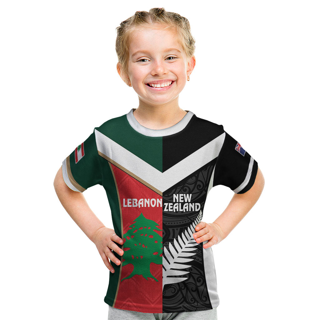 Custom Rugby New Zealand and Lebanon Kid T Shirt All Black Cedars Together LT14 Multicolor - Polynesian Pride