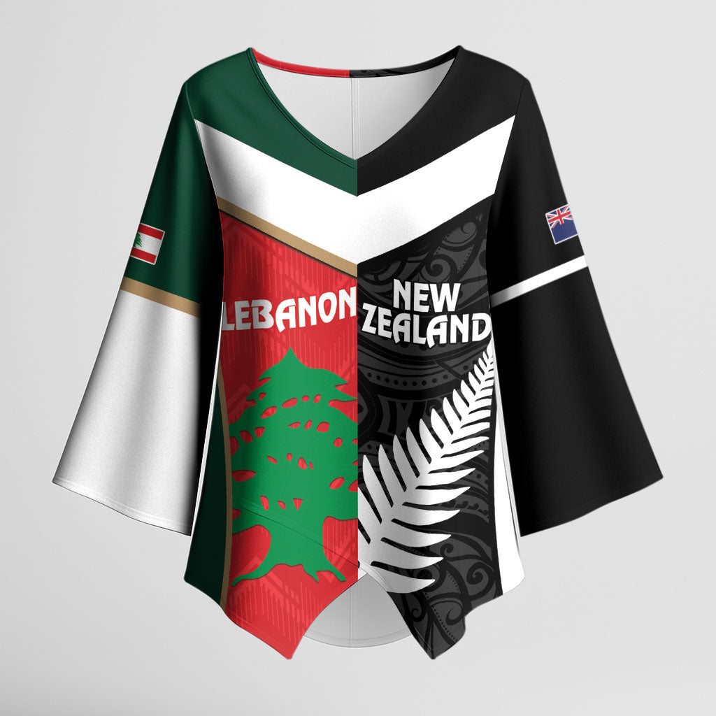 Custom Rugby New Zealand and Lebanon Kimono Sleeve Blouse All Black Cedars Together LT14 Female Multicolor - Polynesian Pride