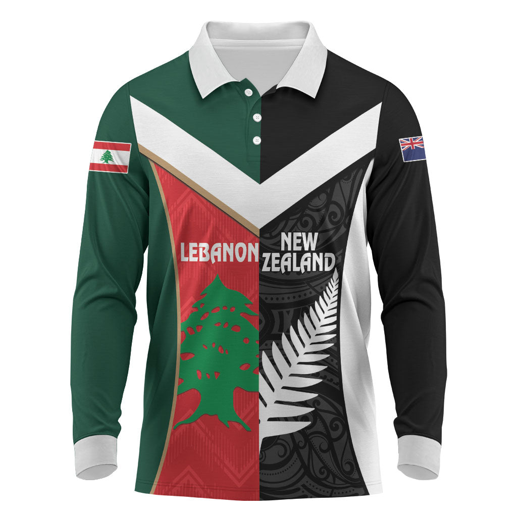 Custom Rugby New Zealand and Lebanon Long Sleeve Polo Shirt All Black Cedars Together LT14 Multicolor - Polynesian Pride