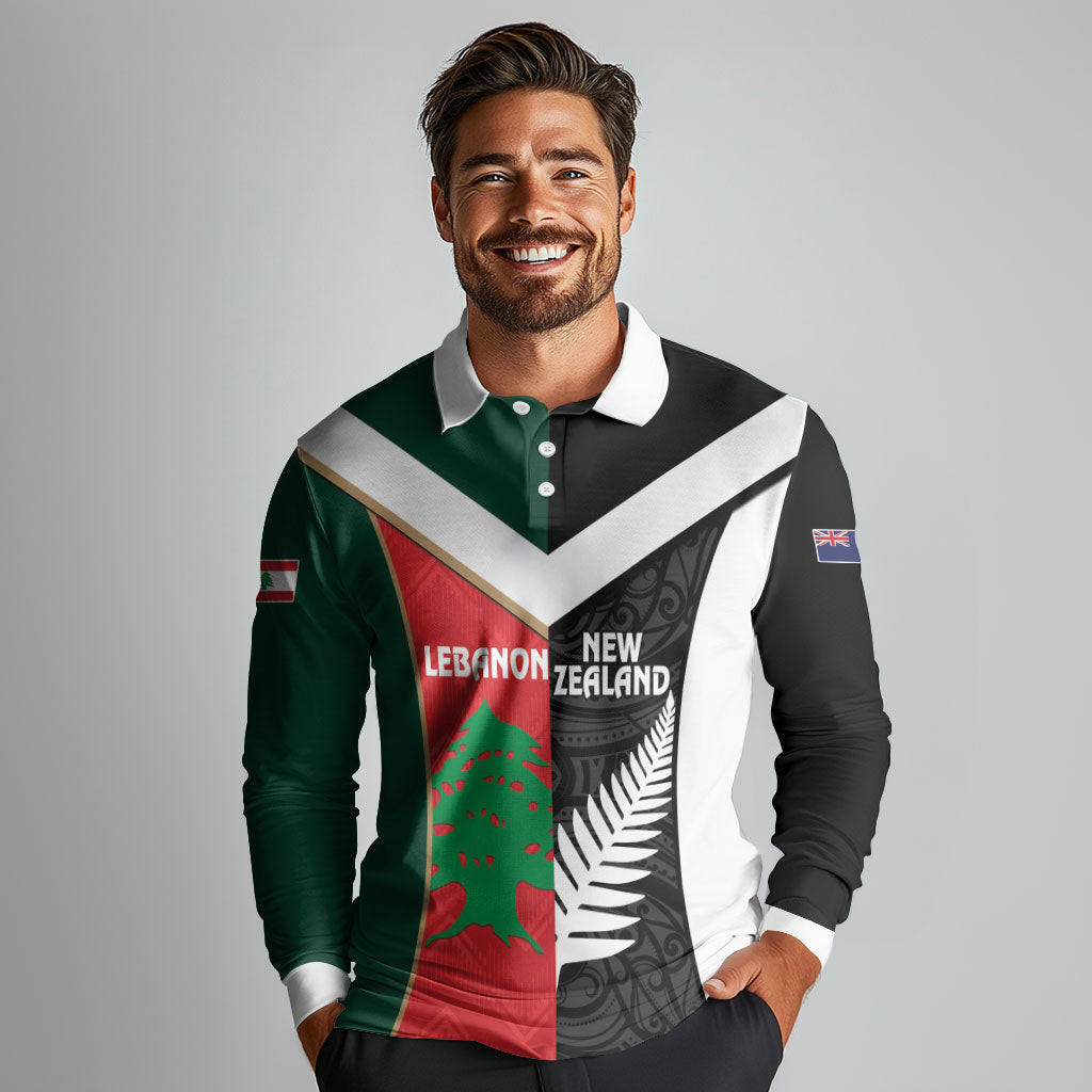Custom Rugby New Zealand and Lebanon Long Sleeve Polo Shirt All Black Cedars Together LT14 - Polynesian Pride