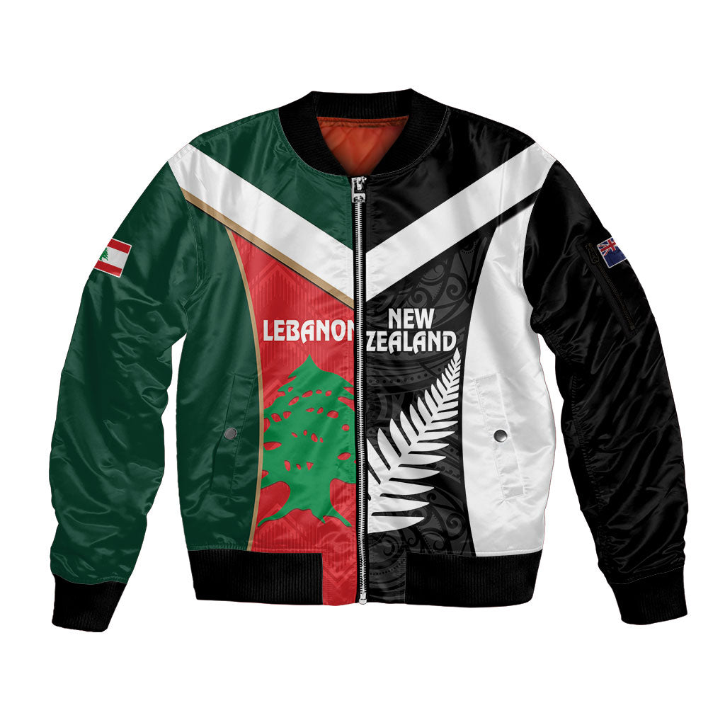 Custom Rugby New Zealand and Lebanon Sleeve Zip Bomber Jacket All Black Cedars Together LT14 Unisex Multicolor - Polynesian Pride