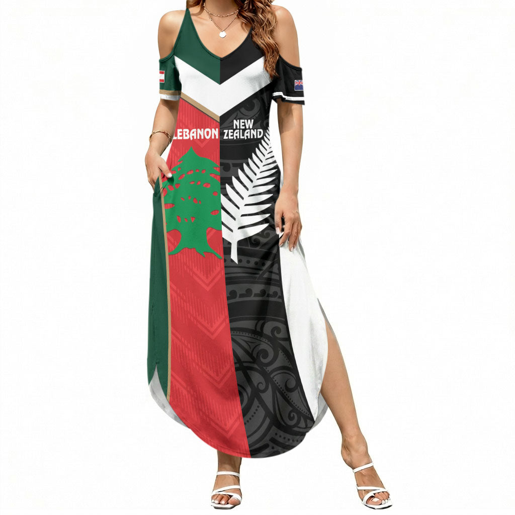 Custom Rugby New Zealand and Lebanon Summer Maxi Dress All Black Cedars Together LT14 Women Multicolor - Polynesian Pride