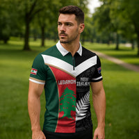 Custom Rugby New Zealand and Lebanon Zipper Polo Shirt All Black Cedars Together LT14 - Polynesian Pride