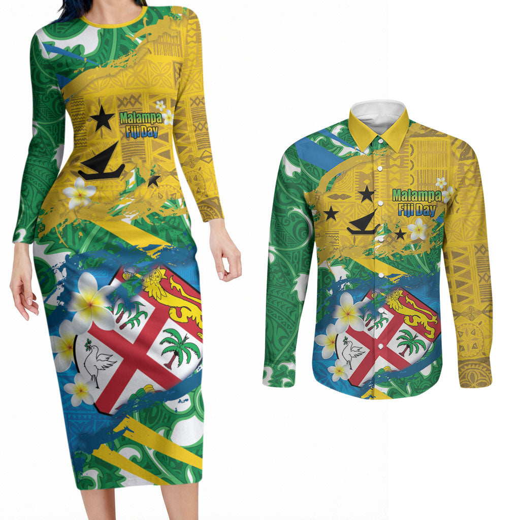 Malampa Fiji Day Couples Matching Long Sleeve Bodycon Dress and Long Sleeve Button Shirt 10 October Together We Grow Grunge Tapa Motifs LT14 Multicolor - Polynesian Pride