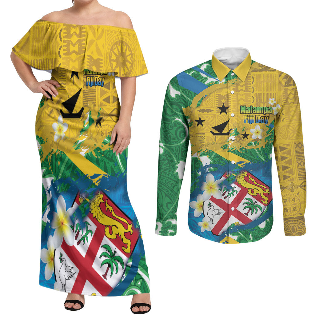 Malampa Fiji Day Couples Matching Off Shoulder Maxi Dress and Long Sleeve Button Shirt 10 October Together We Grow Grunge Tapa Motifs LT14 Multicolor - Polynesian Pride