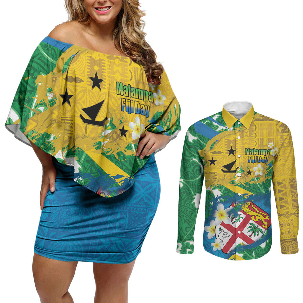 Malampa Fiji Day Couples Matching Off Shoulder Short Dress and Long Sleeve Button Shirt 10 October Together We Grow Grunge Tapa Motifs LT14 Multicolor - Polynesian Pride