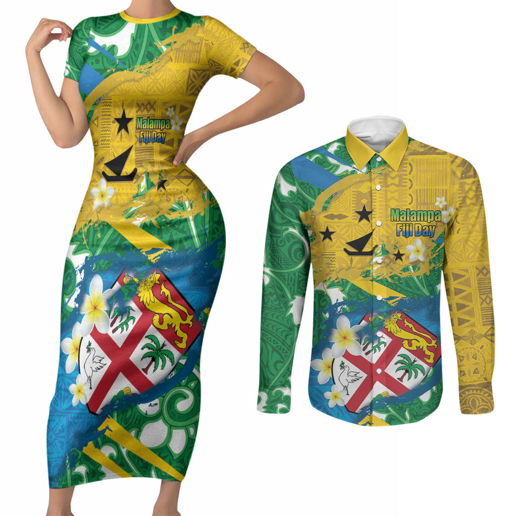 Malampa Fiji Day Couples Matching Short Sleeve Bodycon Dress and Long Sleeve Button Shirt 10 October Together We Grow Grunge Tapa Motifs LT14 Multicolor - Polynesian Pride