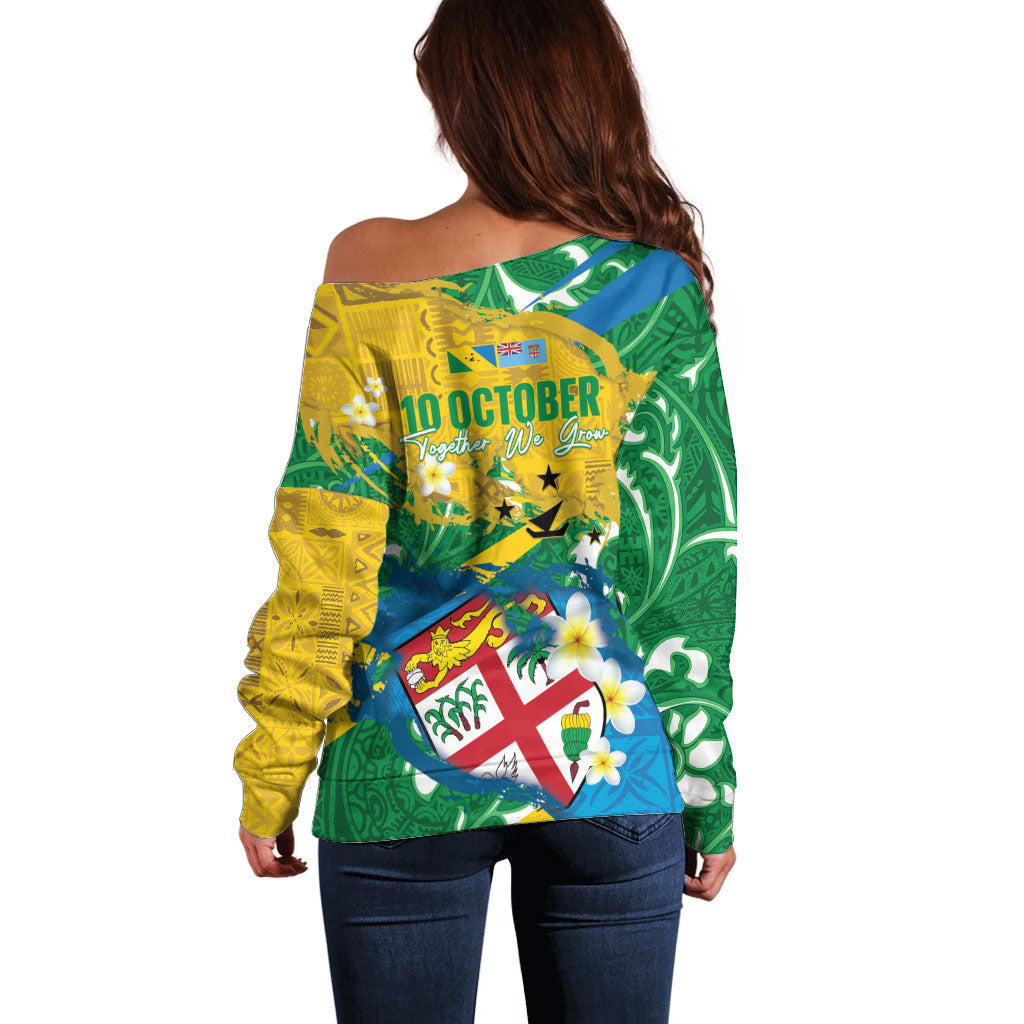 Malampa Fiji Day Off Shoulder Sweater 10 October Together We Grow Grunge Tapa Motifs LT14 - Polynesian Pride