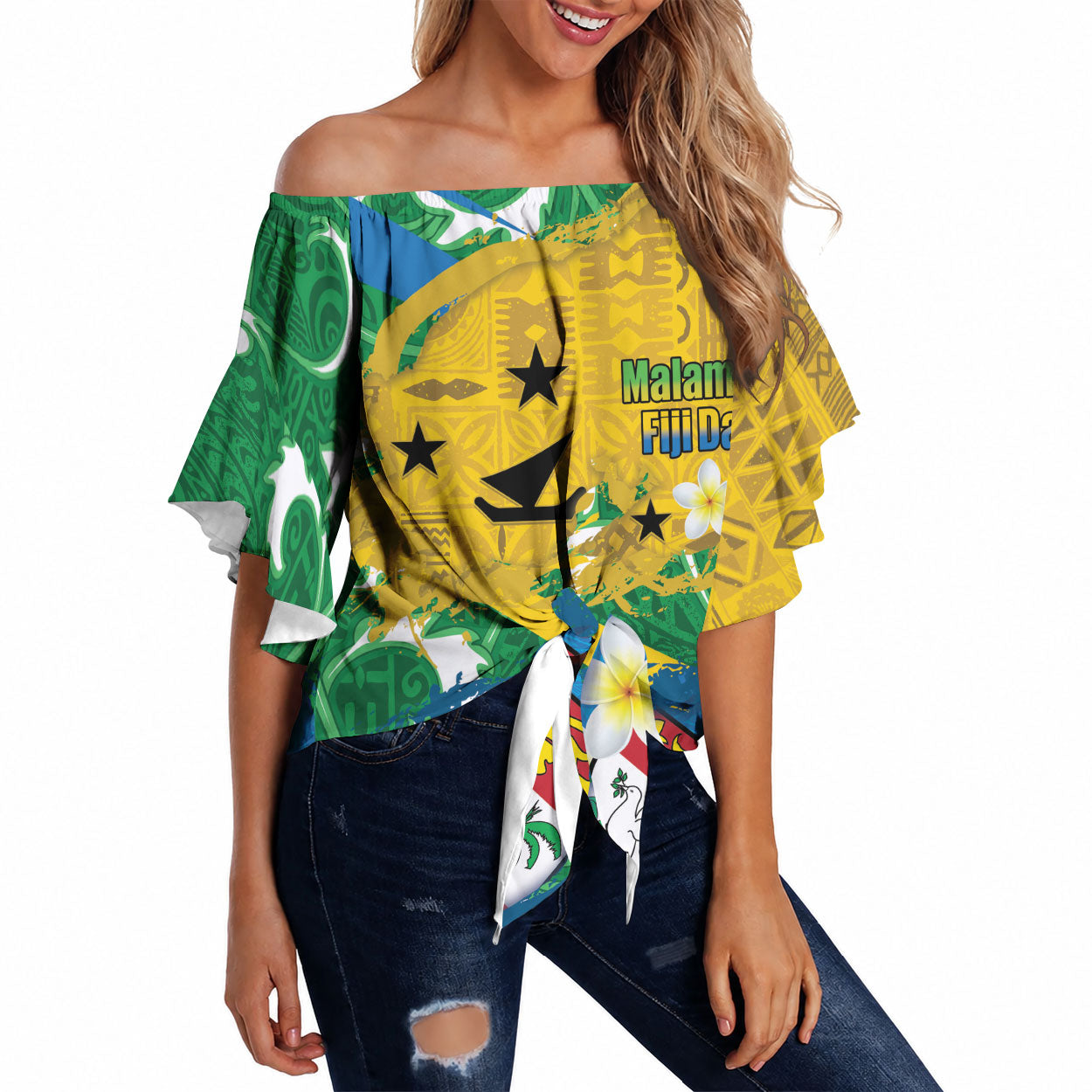 Malampa Fiji Day Off Shoulder Wrap Waist Top 10 October Together We Grow Grunge Tapa Motifs LT14 Multicolor - Polynesian Pride