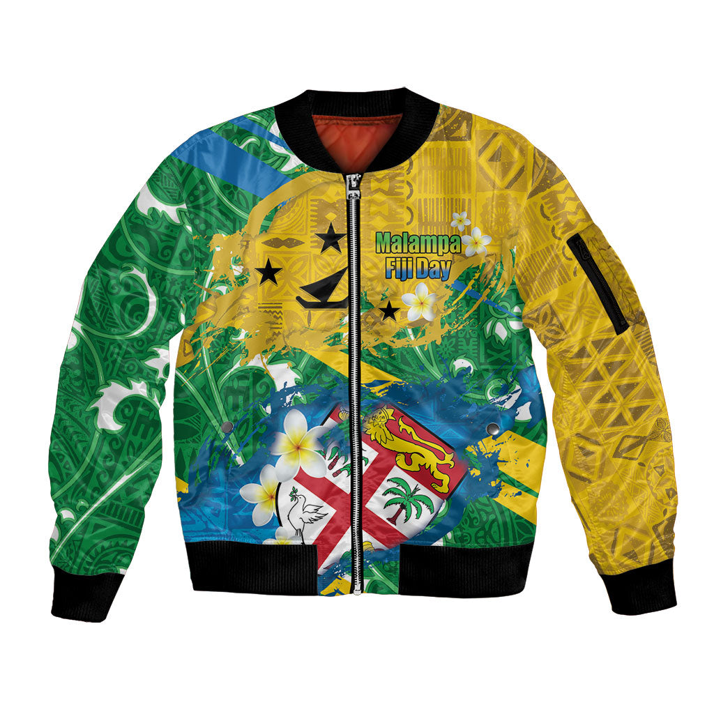 Malampa Fiji Day Sleeve Zip Bomber Jacket 10 October Together We Grow Grunge Tapa Motifs LT14 Unisex Multicolor - Polynesian Pride