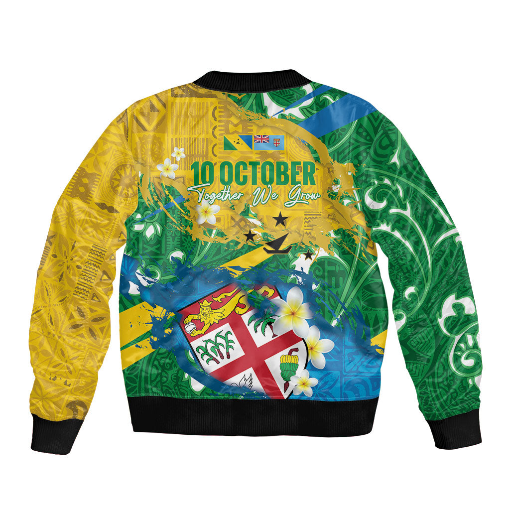 Malampa Fiji Day Sleeve Zip Bomber Jacket 10 October Together We Grow Grunge Tapa Motifs LT14 - Polynesian Pride