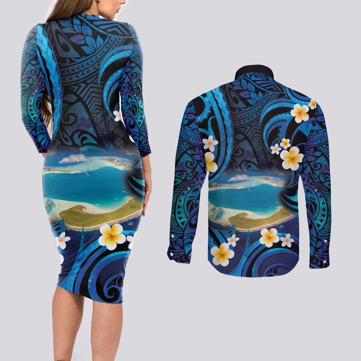 French Polynesia Tetiaroa Atoll Couples Matching Long Sleeve Bodycon Dress and Long Sleeve Button Shirt Polynesian Curves Style LT14 - Polynesian Pride