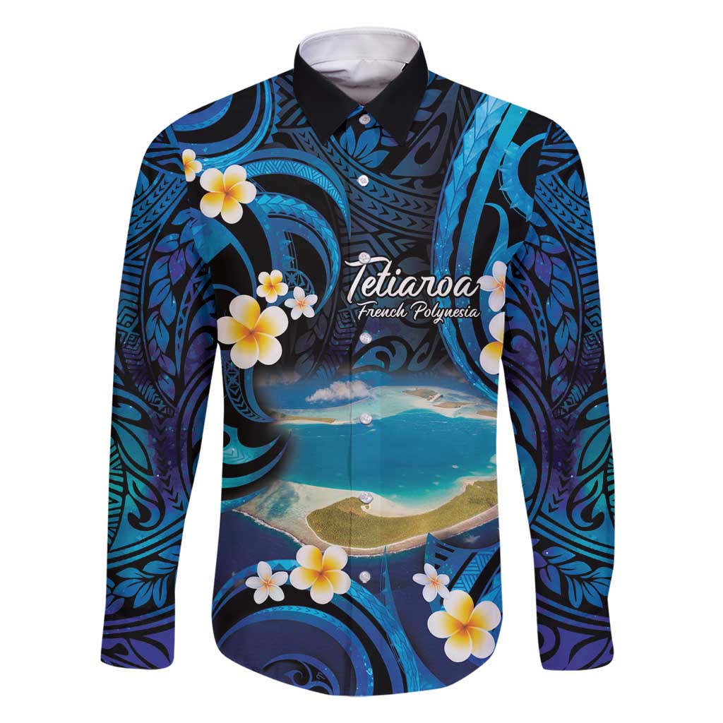 French Polynesia Tetiaroa Atoll Family Matching Off Shoulder Maxi Dress and Hawaiian Shirt Polynesian Curves Style LT14 Dad's Shirt - Long Sleeve Blue - Polynesian Pride