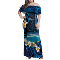 French Polynesia Tetiaroa Atoll Family Matching Off Shoulder Maxi Dress and Hawaiian Shirt Polynesian Curves Style LT14 Mom's Dress Blue - Polynesian Pride