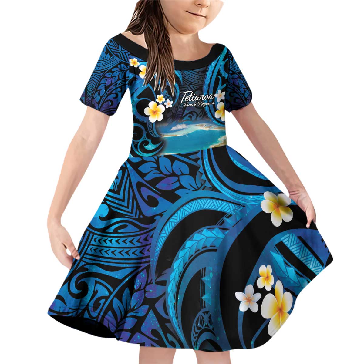 French Polynesia Tetiaroa Atoll Family Matching Off Shoulder Short Dress and Hawaiian Shirt Polynesian Curves Style LT14 Daughter's Dress Blue - Polynesian Pride