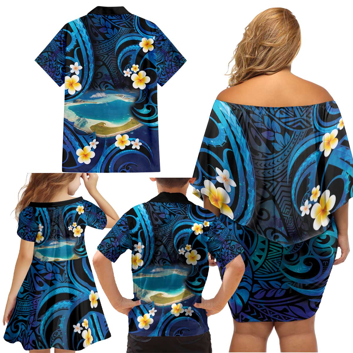 French Polynesia Tetiaroa Atoll Family Matching Off Shoulder Short Dress and Hawaiian Shirt Polynesian Curves Style LT14 - Polynesian Pride