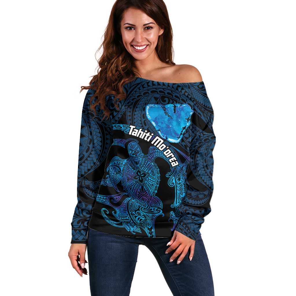 Personalised Tahiti Moorea Atoll Off Shoulder Sweater Polynesian Sea Turtle