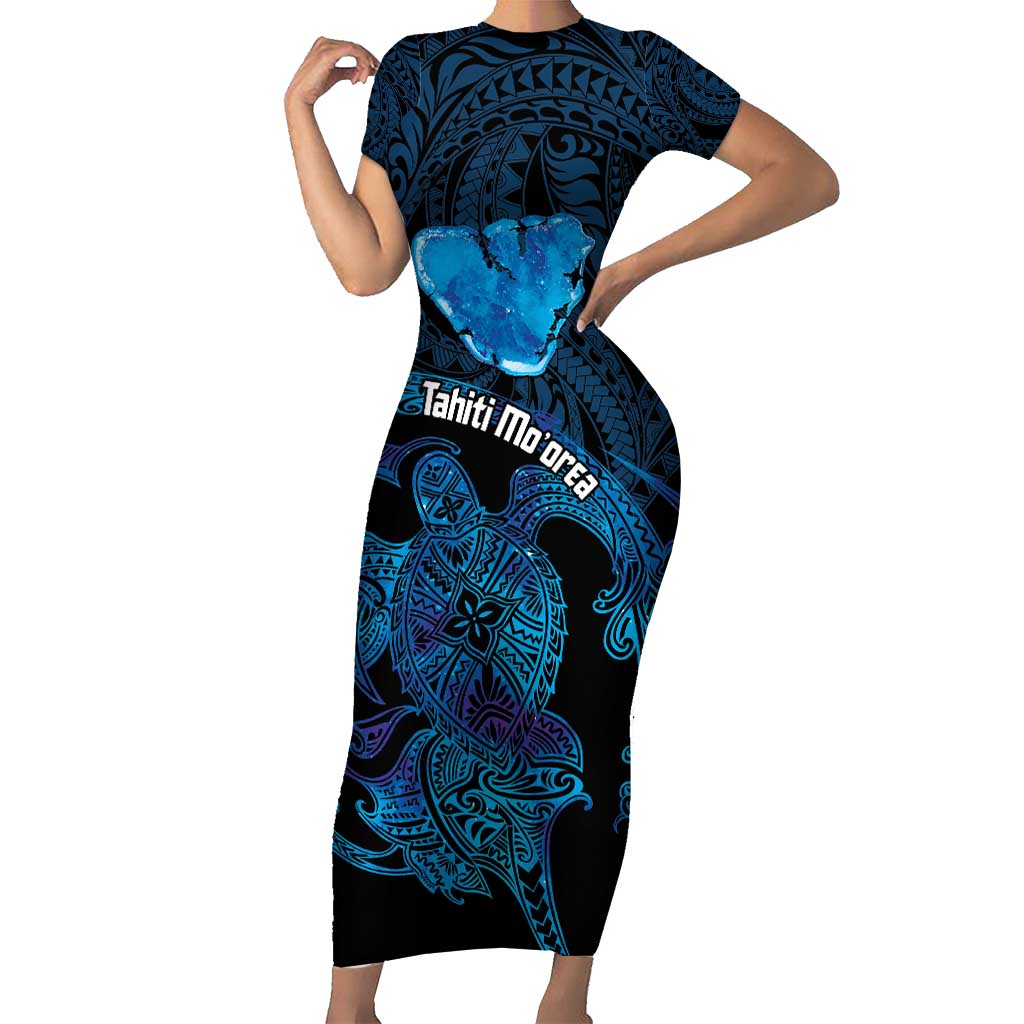 Personalised Tahiti Moorea Atoll Short Sleeve Bodycon Dress Polynesian Sea Turtle