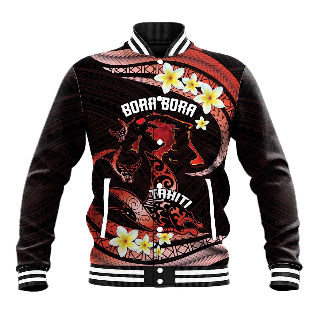 Personalised Tahiti Bora Bora Baseball Jacket Manta Rays With Polynesian Plumeria LT14 Unisex Red - Polynesian Pride