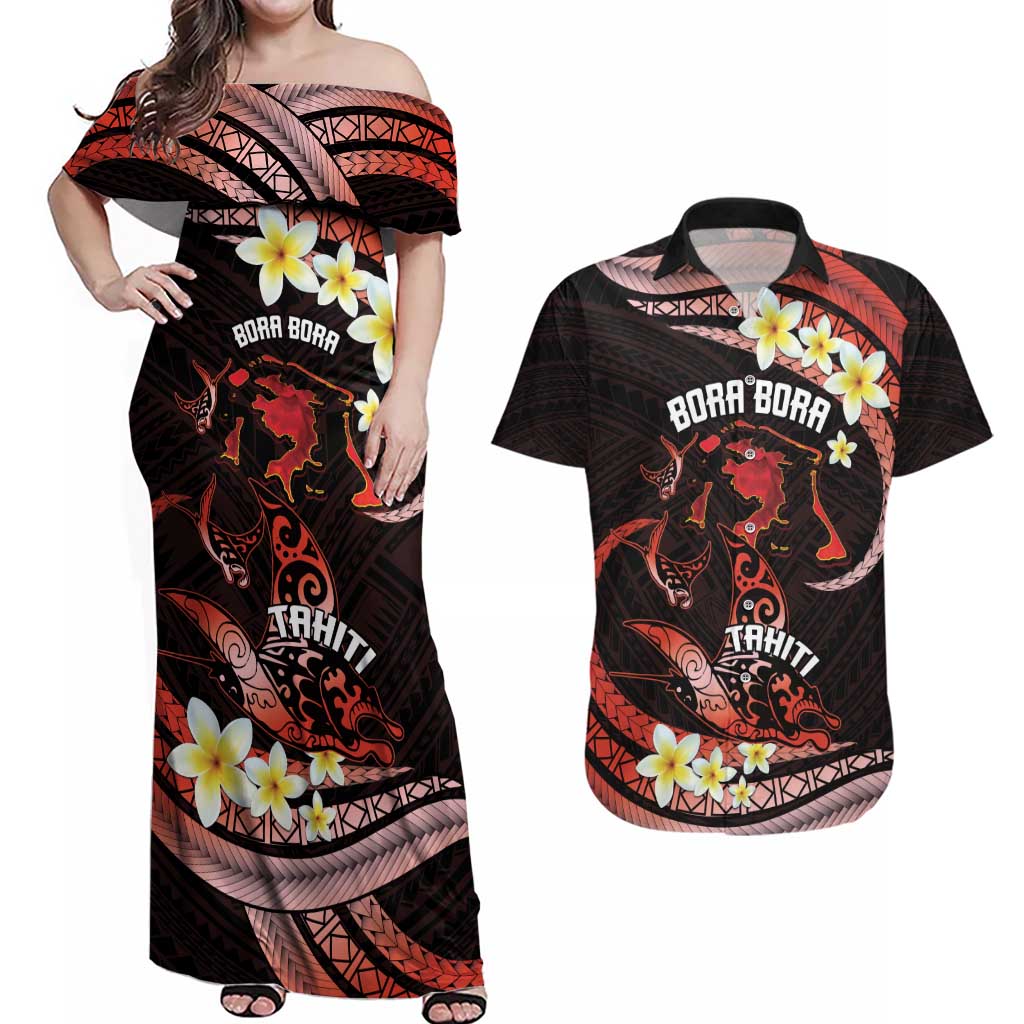 Personalised Tahiti Bora Bora Couples Matching Off Shoulder Maxi Dress and Hawaiian Shirt Manta Rays With Polynesian Plumeria LT14 Red - Polynesian Pride