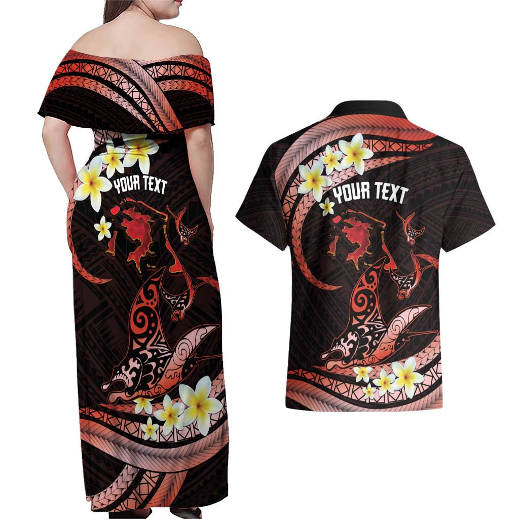 Personalised Tahiti Bora Bora Couples Matching Off Shoulder Maxi Dress and Hawaiian Shirt Manta Rays With Polynesian Plumeria LT14 - Polynesian Pride