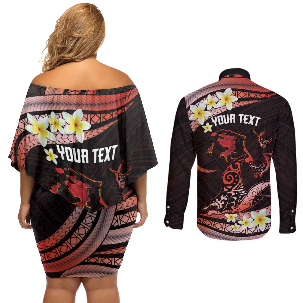 Personalised Tahiti Bora Bora Couples Matching Off Shoulder Short Dress and Long Sleeve Button Shirt Manta Rays With Polynesian Plumeria