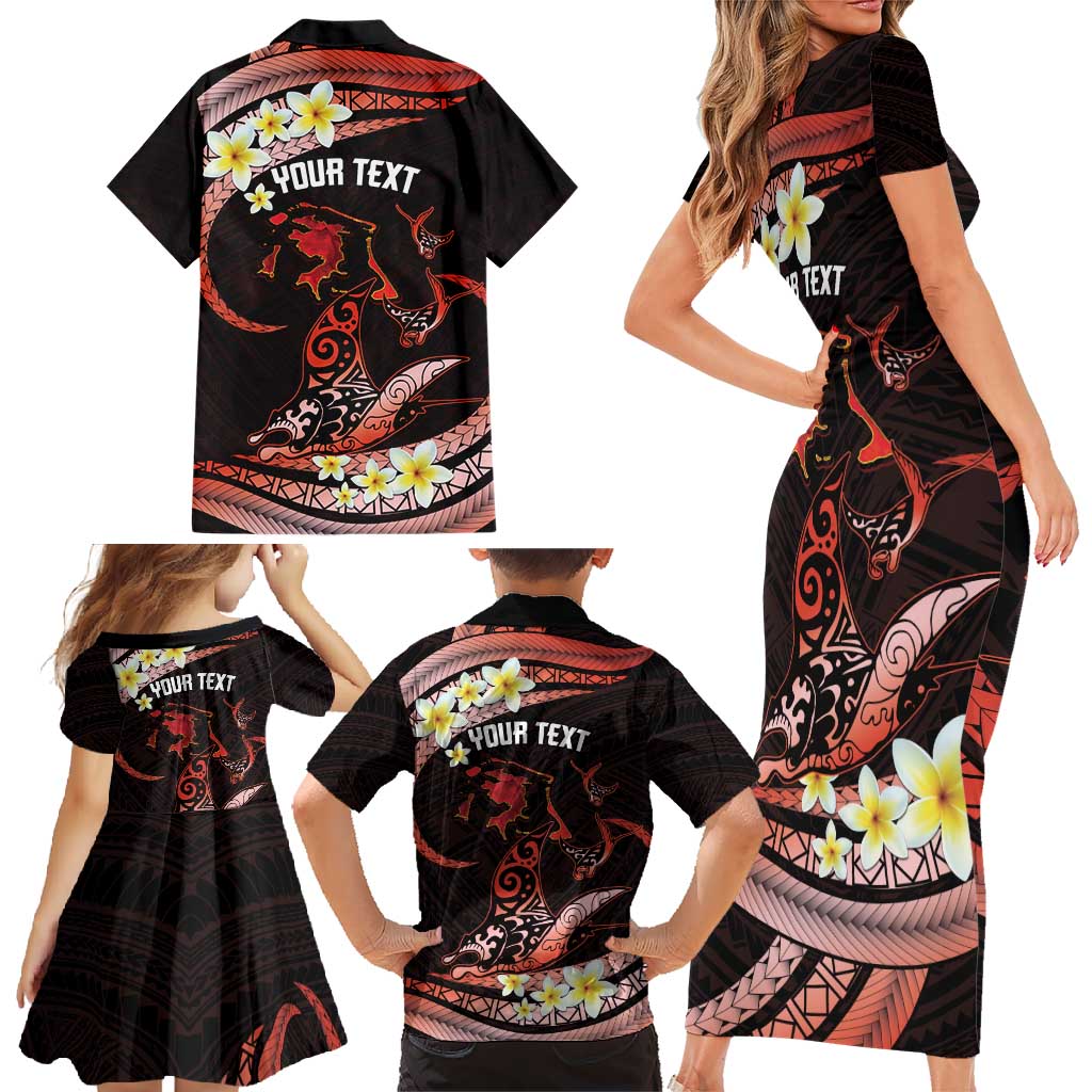 Personalised Tahiti Bora Bora Family Matching Short Sleeve Bodycon Dress and Hawaiian Shirt Manta Rays With Polynesian Plumeria LT14 - Polynesian Pride