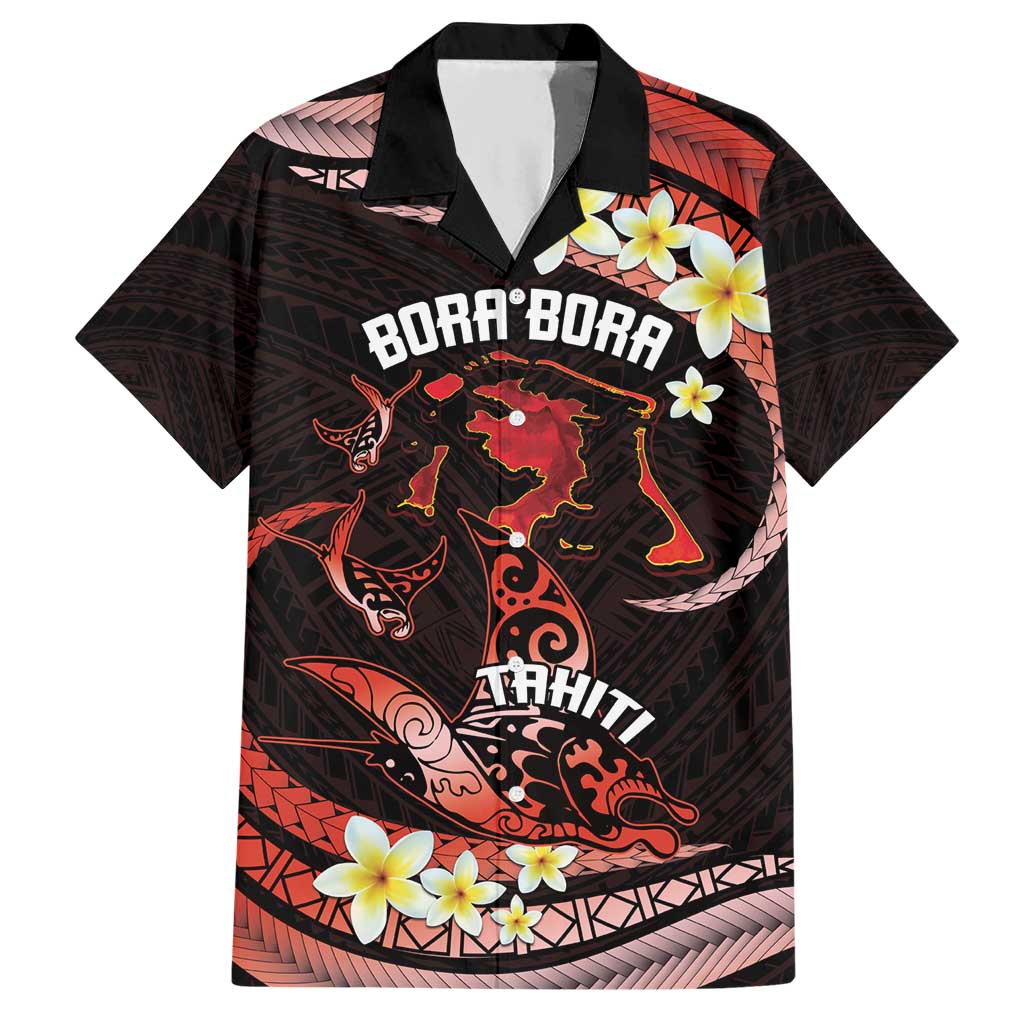 Personalised Tahiti Bora Bora Hawaiian Shirt Manta Rays With Polynesian Plumeria LT14 Red - Polynesian Pride