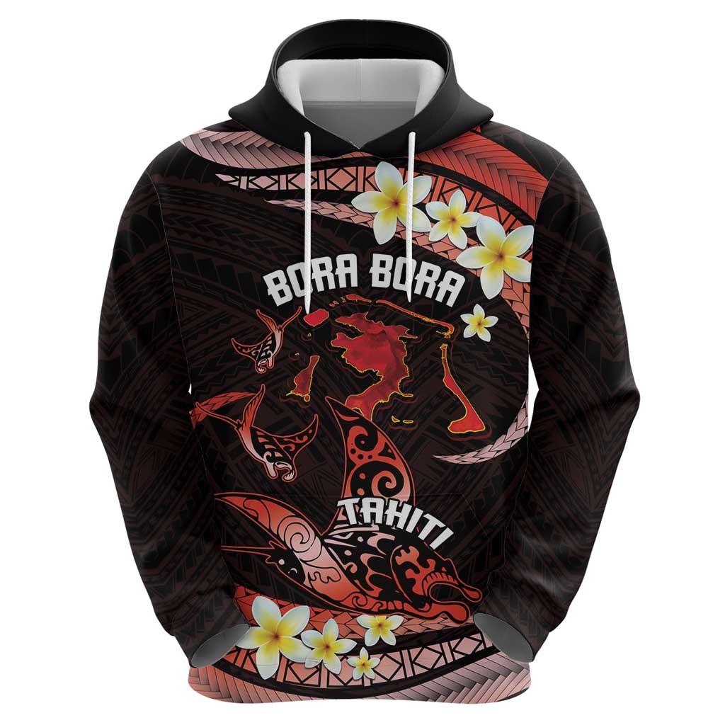 Personalised Tahiti Bora Bora Hoodie Manta Rays With Polynesian Plumeria