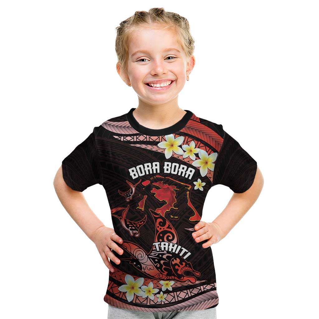 Personalised Tahiti Bora Bora Kid T Shirt Manta Rays With Polynesian Plumeria LT14 Red - Polynesian Pride