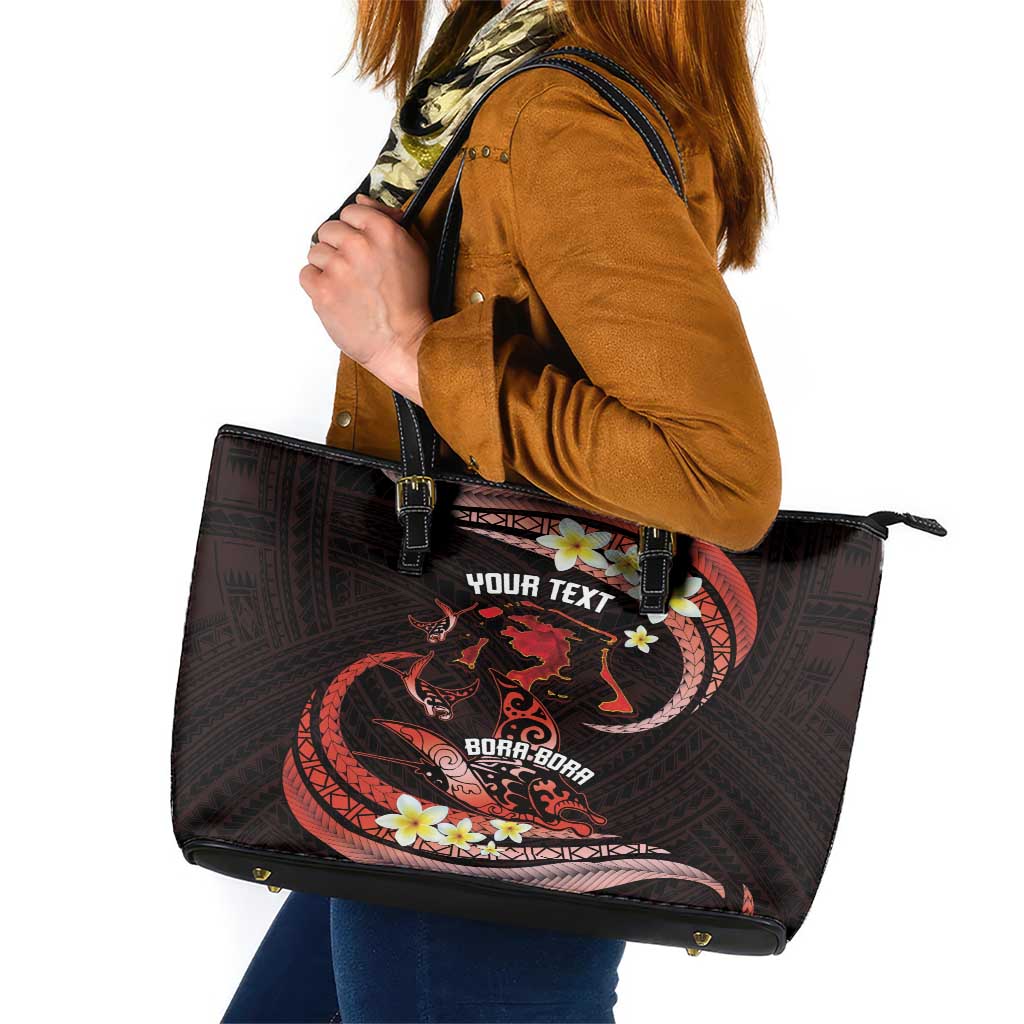Personalised Tahiti Bora Bora Leather Tote Bag Manta Rays With Polynesian Plumeria LT14 Red - Polynesian Pride