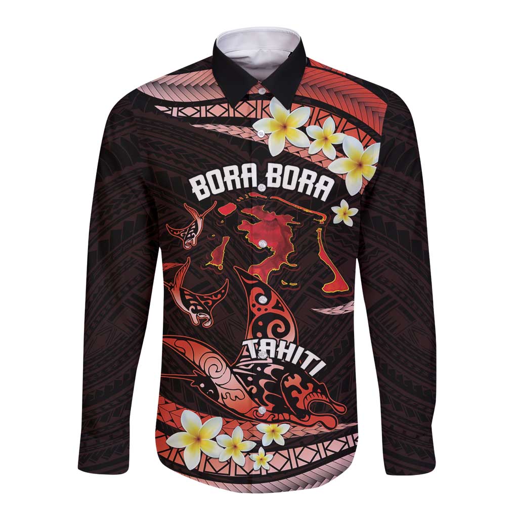 Personalised Tahiti Bora Bora Long Sleeve Button Shirt Manta Rays With Polynesian Plumeria LT14 Unisex Red - Polynesian Pride