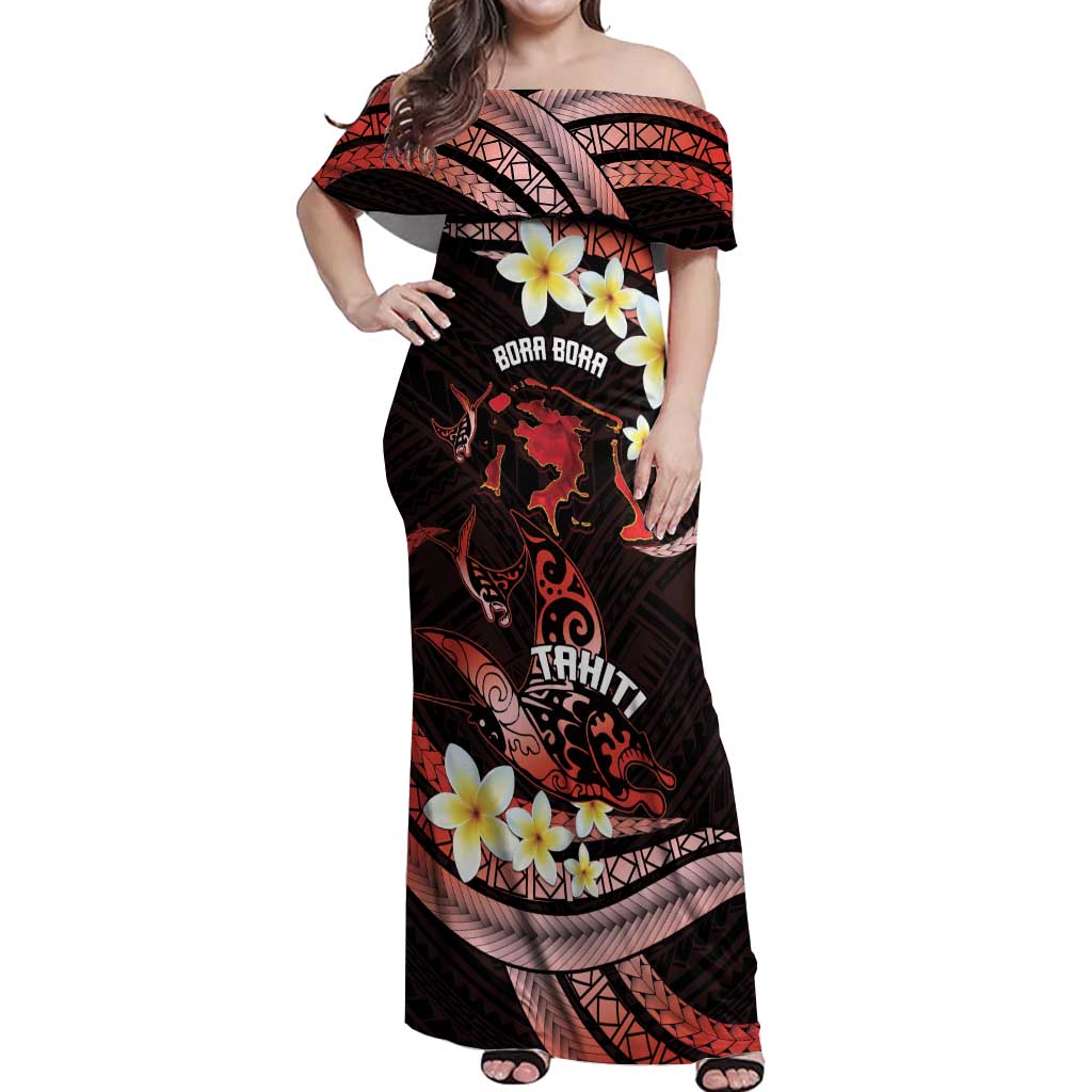 Personalised Tahiti Bora Bora Off Shoulder Maxi Dress Manta Rays With Polynesian Plumeria LT14 Women Red - Polynesian Pride