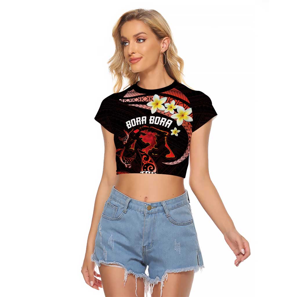 Personalised Tahiti Bora Bora Raglan Cropped T Shirt Manta Rays With Polynesian Plumeria LT14 Female Red - Polynesian Pride