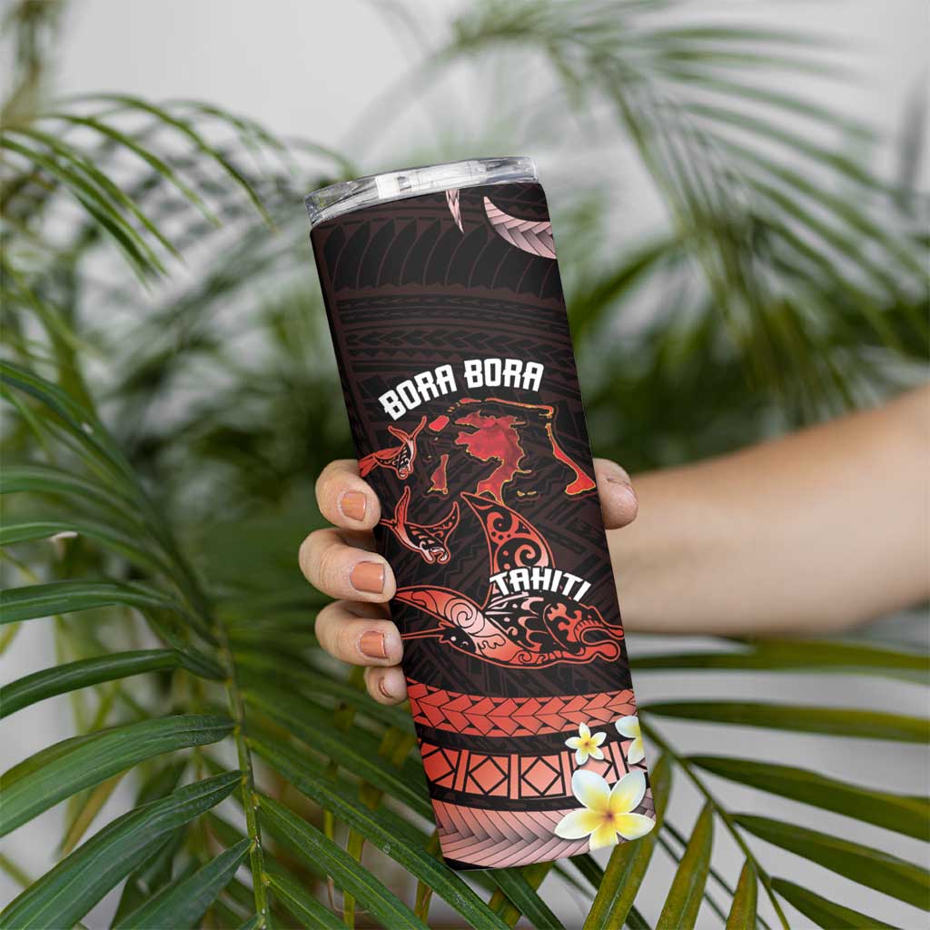 Personalised Tahiti Bora Bora Skinny Tumbler Manta Rays With Polynesian Plumeria LT14 - Polynesian Pride