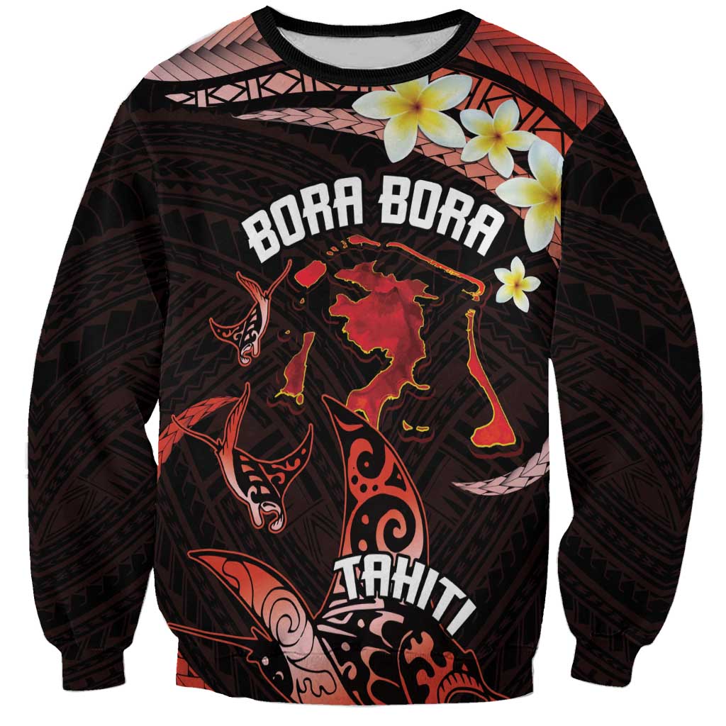 Personalised Tahiti Bora Bora Sweatshirt Manta Rays With Polynesian Plumeria LT14 Unisex Red - Polynesian Pride