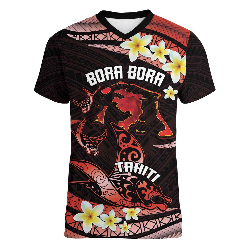 Personalised Tahiti Bora Bora Women V-Neck T-Shirt Manta Rays With Polynesian Plumeria LT14 Female Red - Polynesian Pride