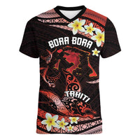Personalised Tahiti Bora Bora Women V-Neck T-Shirt Manta Rays With Polynesian Plumeria LT14 Female Red - Polynesian Pride