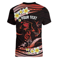 Personalised Tahiti Bora Bora Women V-Neck T-Shirt Manta Rays With Polynesian Plumeria LT14 - Polynesian Pride