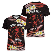 Personalised Tahiti Bora Bora Women V-Neck T-Shirt Manta Rays With Polynesian Plumeria LT14 - Polynesian Pride