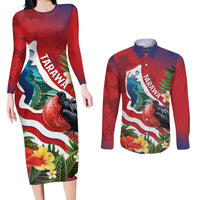 Personalised Kiribati Tarawa Atoll Couples Matching Long Sleeve Bodycon Dress and Long Sleeve Button Shirt Frigate Bird With Map Tropical Style LT14 Red - Polynesian Pride