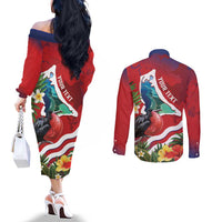 Personalised Kiribati Tarawa Atoll Couples Matching Off The Shoulder Long Sleeve Dress and Long Sleeve Button Shirt Frigate Bird With Map Tropical Style LT14 - Polynesian Pride