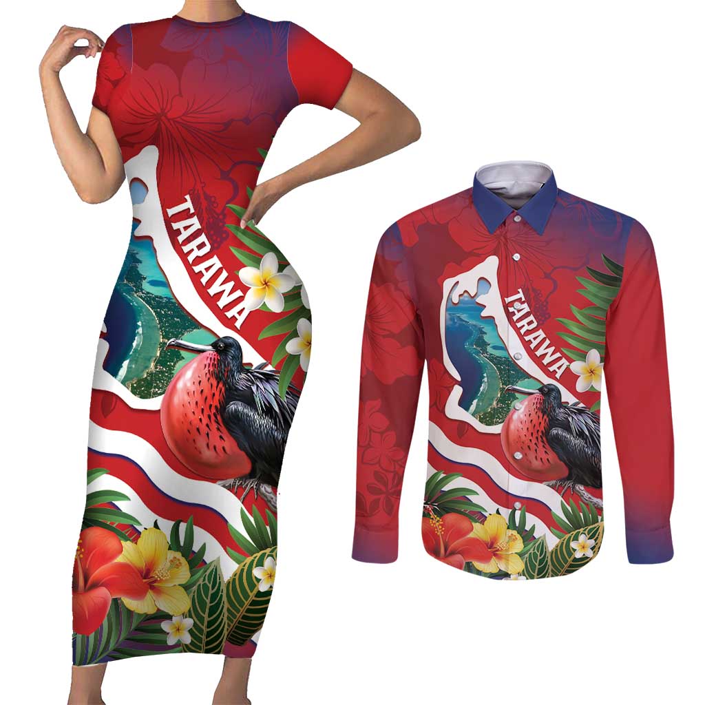 Personalised Kiribati Tarawa Atoll Couples Matching Short Sleeve Bodycon Dress and Long Sleeve Button Shirt Frigate Bird With Map Tropical Style LT14 Red - Polynesian Pride