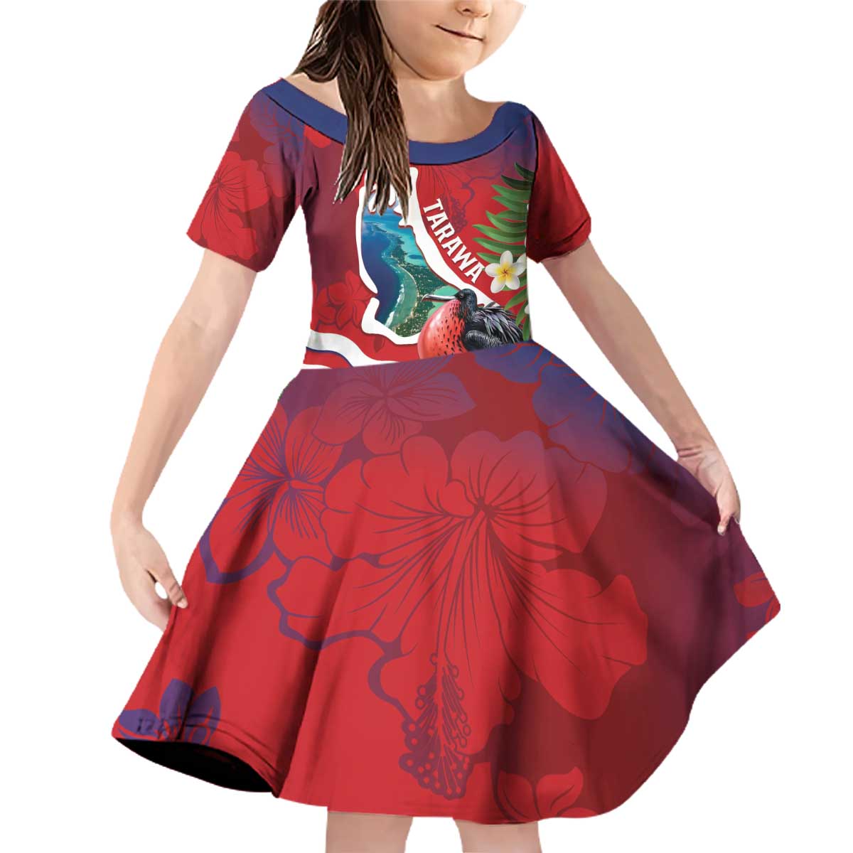 Personalised Kiribati Tarawa Atoll Family Matching Off Shoulder Short Dress and Hawaiian Shirt Frigate Bird With Map Tropical Style LT14 Daughter's Dress Red - Polynesian Pride